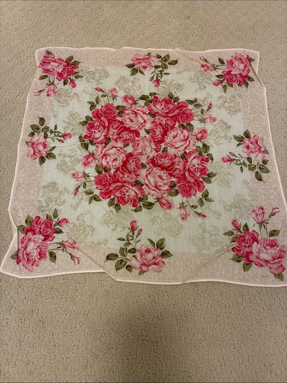 Floral Pink Rose Square Scarf - Lightweight Women's Shawl